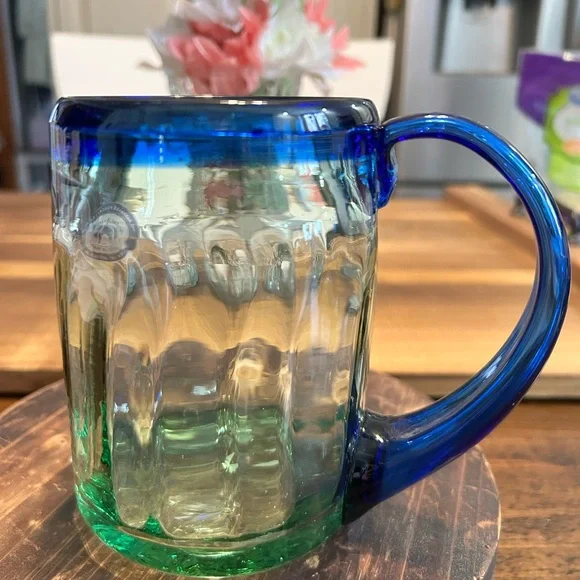 Hand-Blown Mexican Glass Mugs w/Cobalt Blue Rims & Applied Handles,set Of 2 - Picture 6 of 11